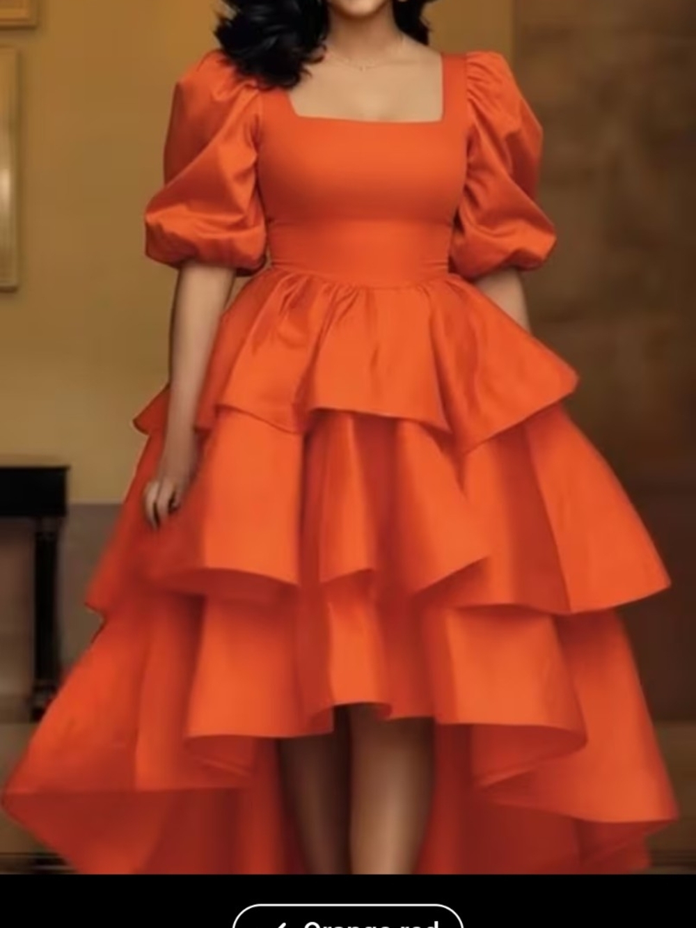 Women's Orange Puff-Sleeve High-Low Tiered Dress